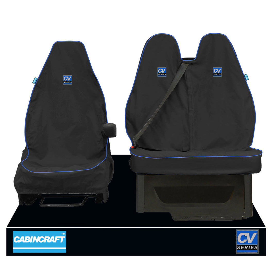 Mercedes Sprinter, Black Heavy Duty Waterproof Front 1+2 Seat Covers, With 'CV' Logo,  MY2014+ with matching leatherette  piping