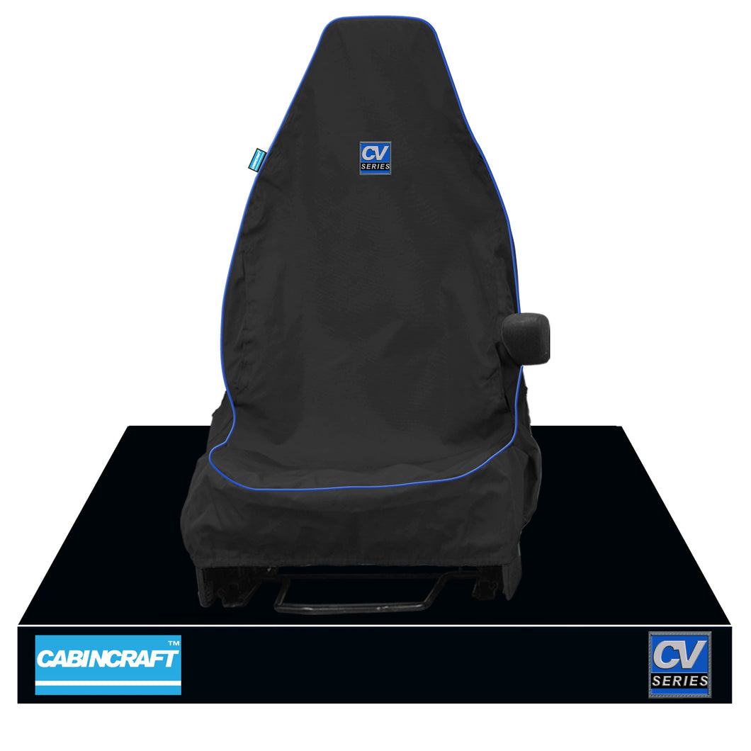 Mercedes Sprinter, Black Heavy Duty Waterproof Front Single Driver  Seat Cover, With 'CV' Logo,  MY2014+ with matching leatherette  piping